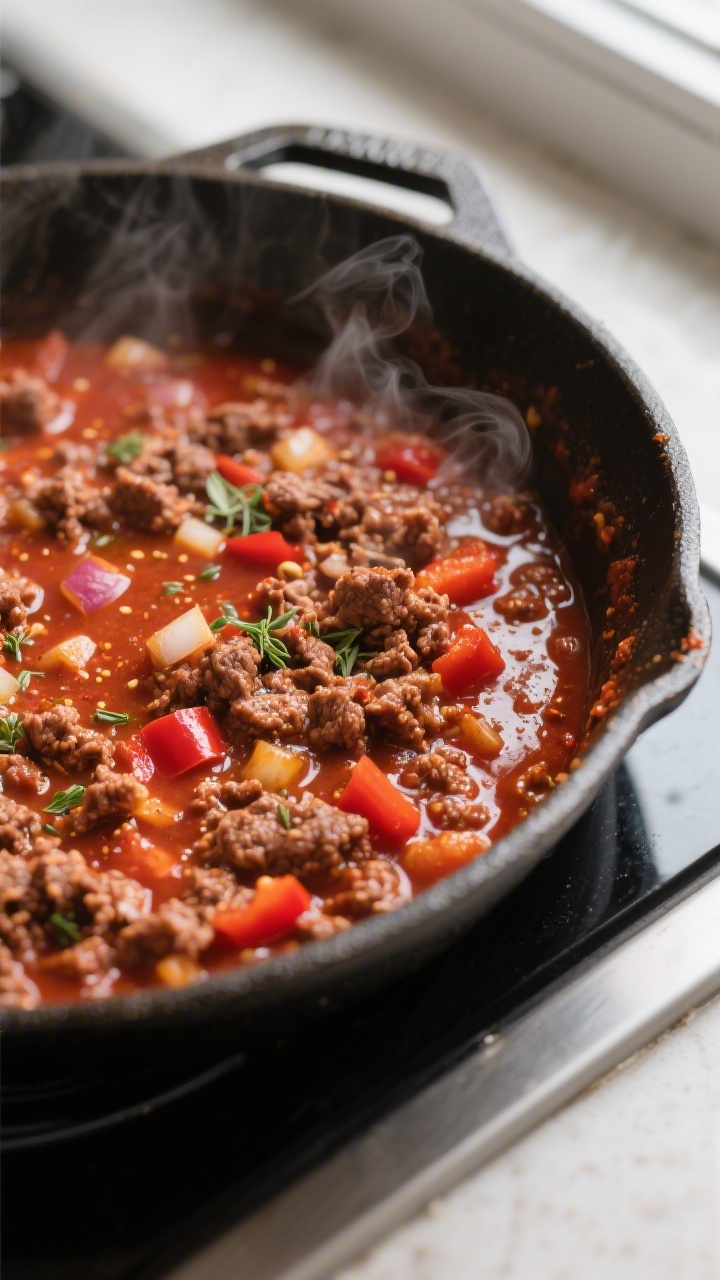 Close-up detail: A stovetop shot of the keto chili base simmering in an oven-safe skillet, showing c