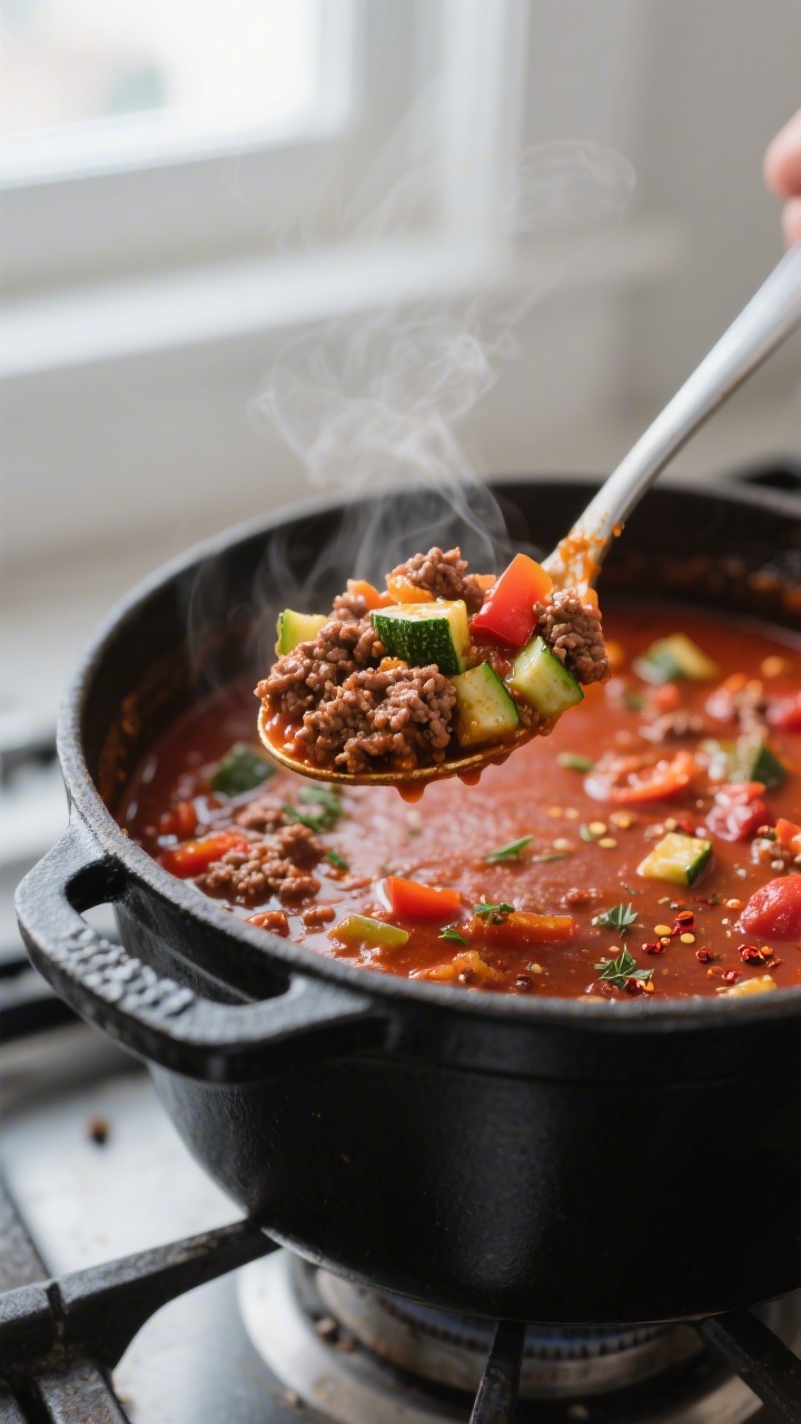 Close-up detail: A thick, simmering low carb chili in a matte black Dutch oven, spoon lifting a glos