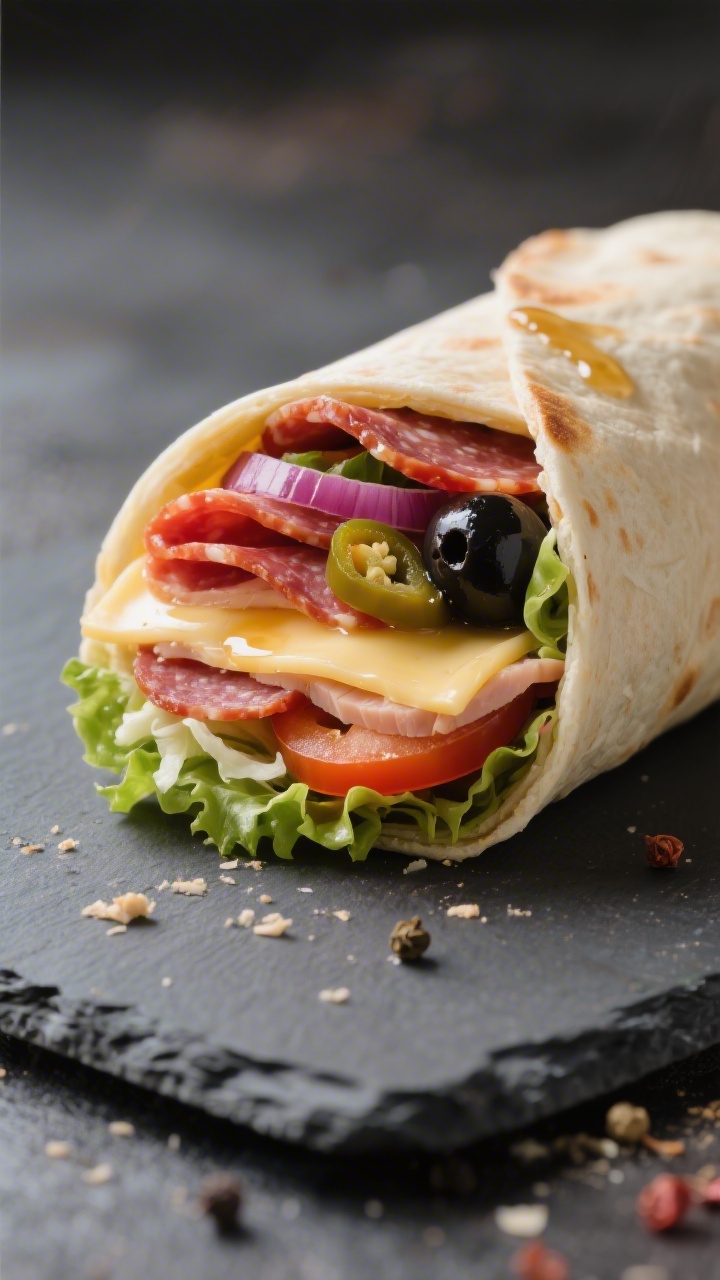 Close-up detail: A tightly rolled low carb Italian sub wrap sliced on a diagonal, showing vivid cros