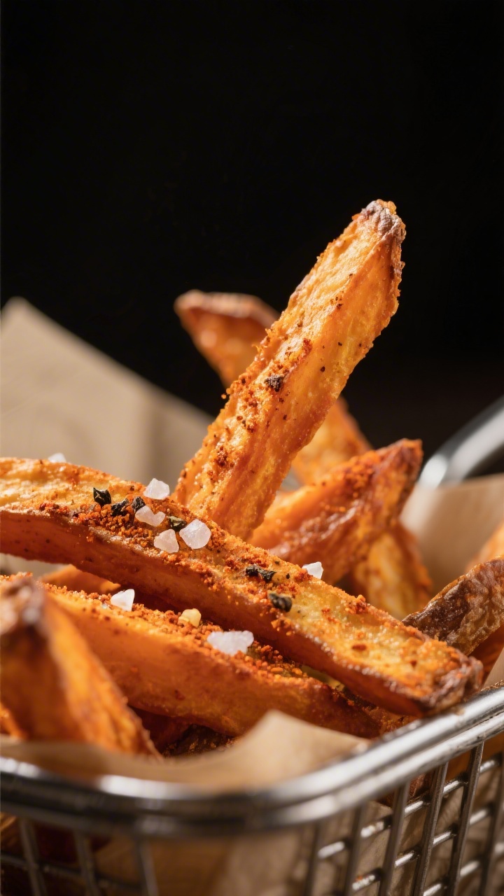 Close-up detail: Air-fried sweet potato fries just out of the basket, edges visibly crisp and bliste