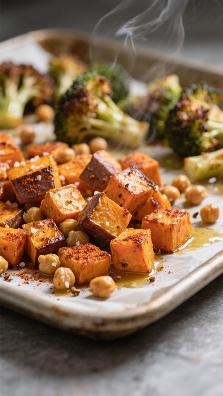 Close-up detail: Caramelized roasted sweet potato cubes and toasty chickpeas fresh from the oven on 