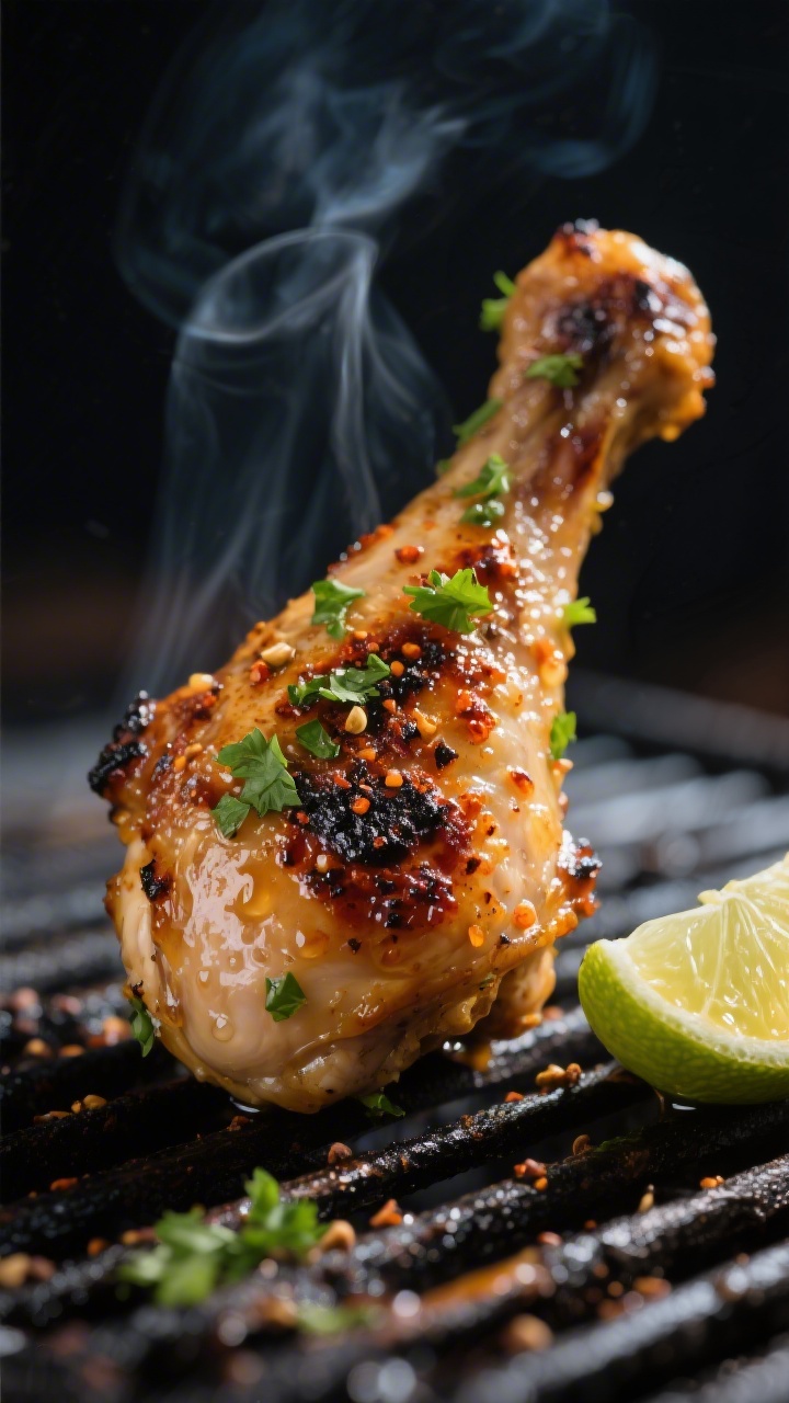 Close-up detail: Charred cilantro-lime chicken drumstick just off the grill, glistening skin with ca
