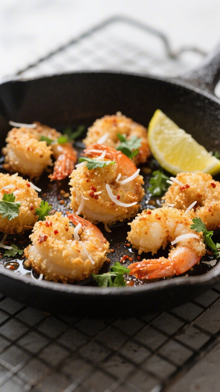 Close-up detail: Coconut-crusted shrimp bites just out of the skillet, ultra-crisp golden panko-coco