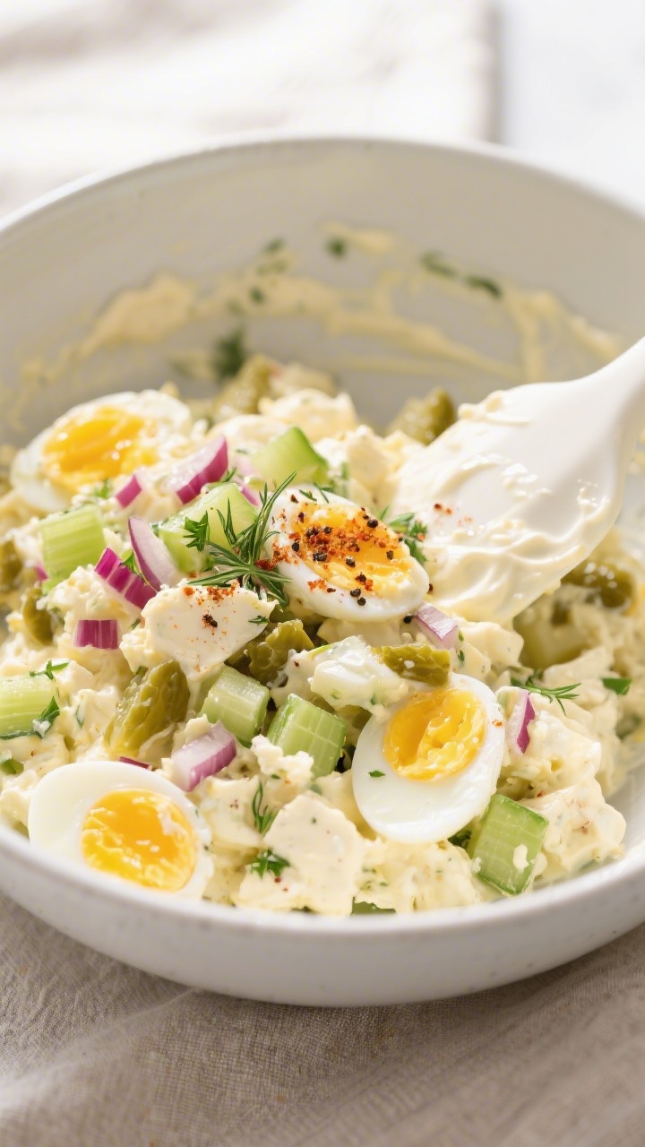 Close-up detail: Creamy low-carb egg salad just combined in a matte white mixing bowl, showing gloss