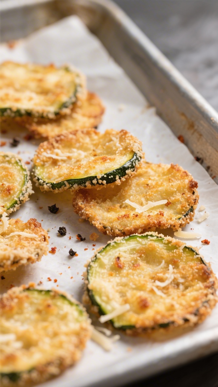 Close-up detail: Crispy baked zucchini chips fresh from the oven, crumb-side up, showcasing golden-b
