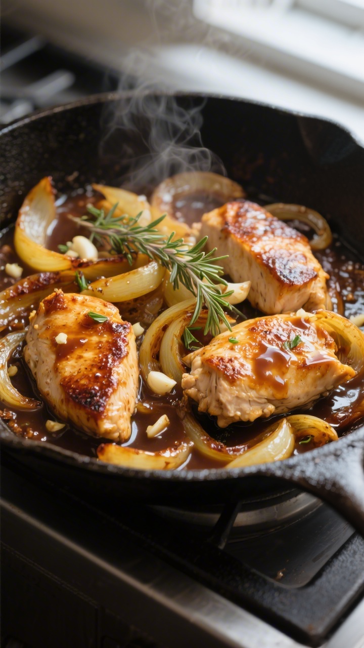 Close-up detail: Deeply caramelized yellow onions in a skillet, glossy and jammy brown with thyme le