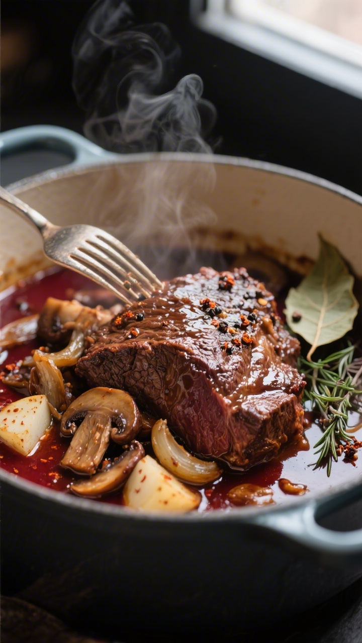 Close-up detail: Fork-tender braised beef chuck just out of the pot, glistening in a reduced, glossy