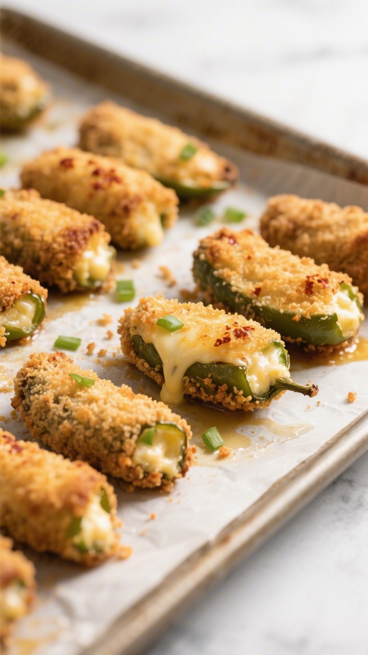 Close-up detail: Freshly baked jalapeño poppers on a parchment-lined sheet pan just out of a 425°F