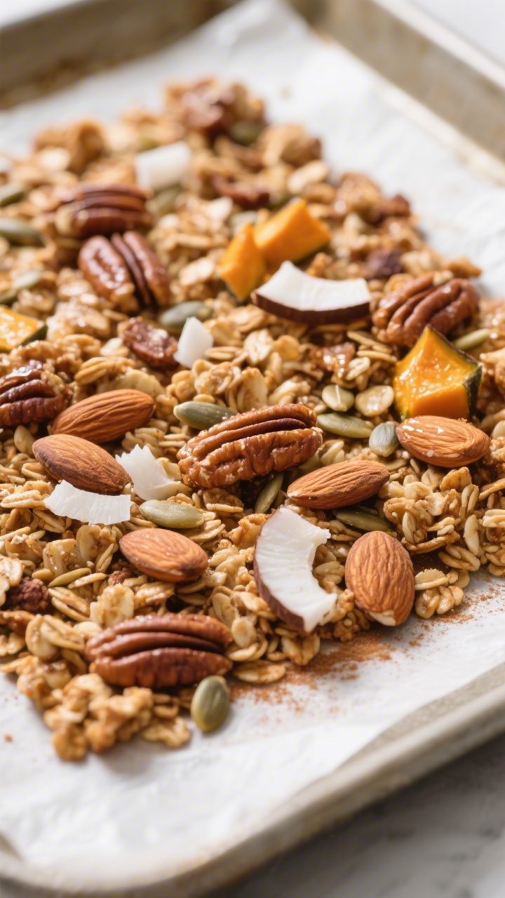 Close-up detail: Freshly baked low carb granola cooling in a single, pressed sheet on a parchment-li
