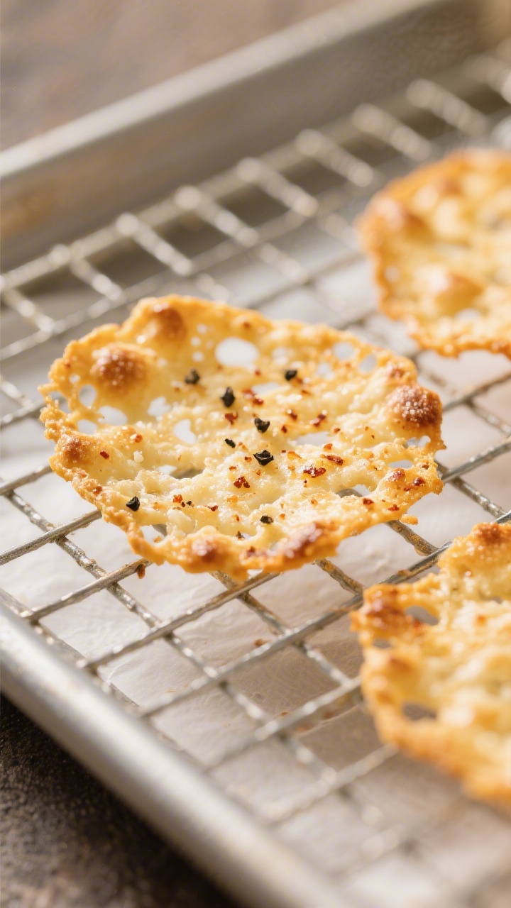 Close-up detail: Freshly baked parmesan crisps cooling on a wire rack, ultra-crisp lacy edges and de