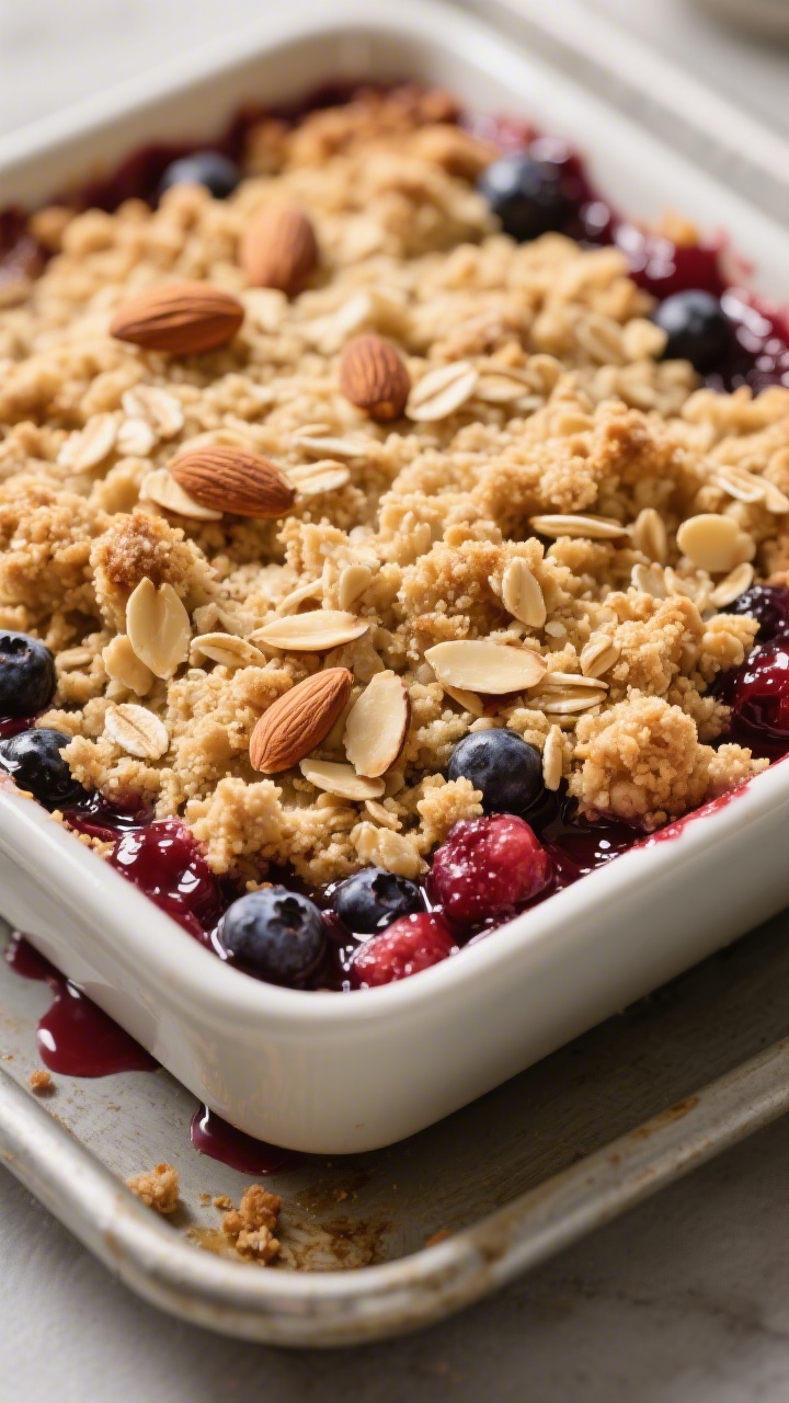 Mixed‑Berry Crumble With Almond Topping - A Cozy, Crunchy Dessert 2 Close-up detail: Golden, almond-studded crumble topping just out of the oven, showing crisp, craggy