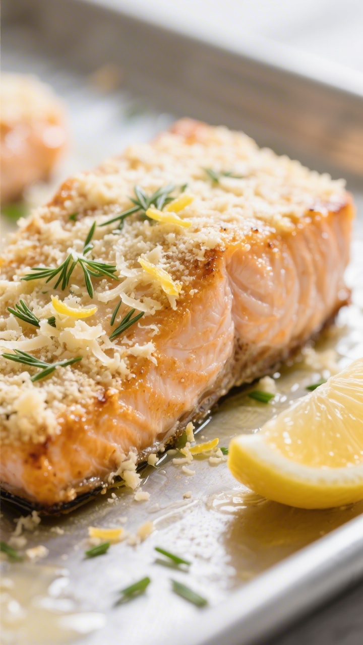 Close-up detail: Golden-broiled horseradish crust on baked salmon fillet, showing bubbly, lightly br