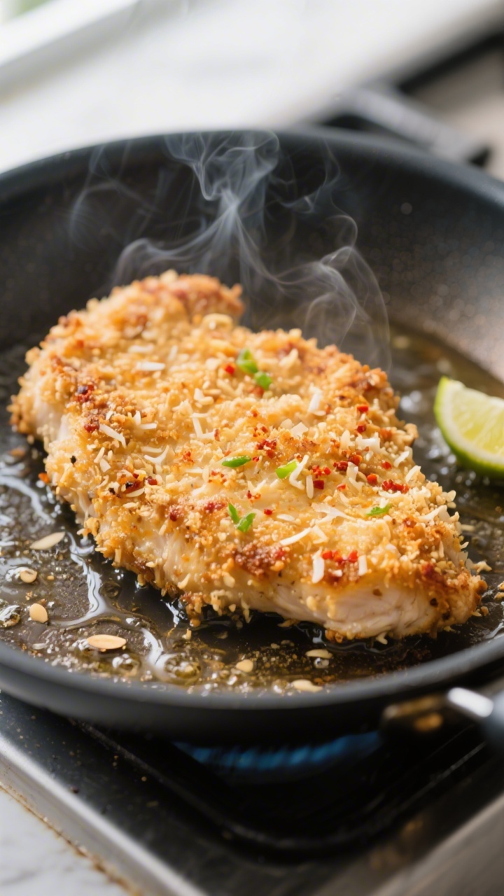 Close-up detail: Golden-brown coconut-crusted chicken cutlet sizzling in a nonstick skillet, crispy 