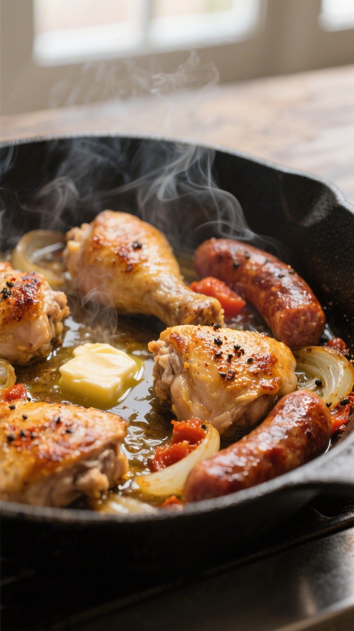 Close-up detail: Golden-browned chicken thigh pieces and andouille sausage searing in a deep skillet