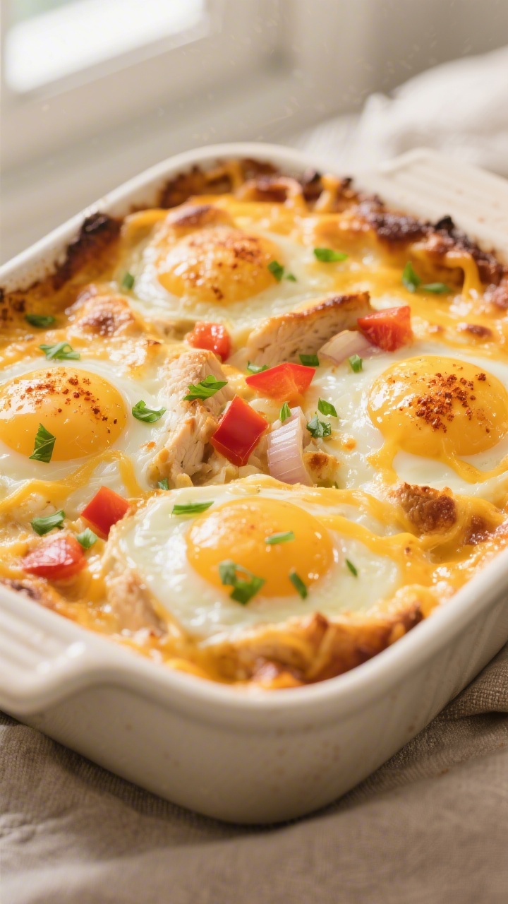 Close-up detail: Golden, bubbly cheesy chicken baked eggs just out of the oven, edges set and center