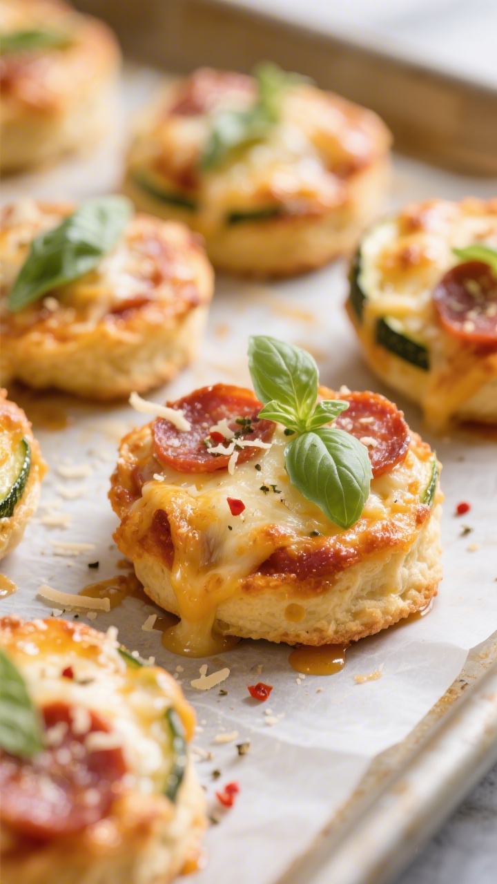 Zucchini Pizza Bites Low Carb - A Quick, Flavor-Packed Snack 2 Close-up detail: Golden, bubbly Zucchini Pizza Bites just out of the oven, cheese melted with lightl