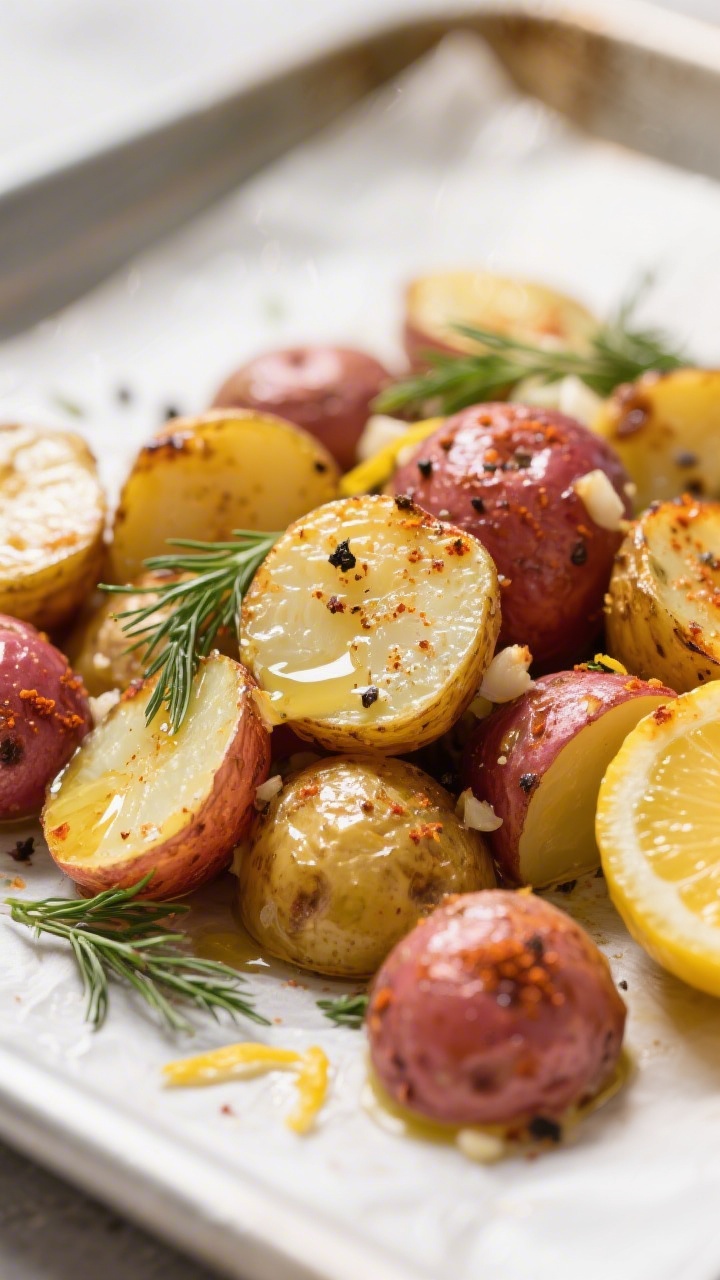 Close-up detail: Golden-edged roasted Yukon gold and baby red potatoes glistening with olive oil, sp