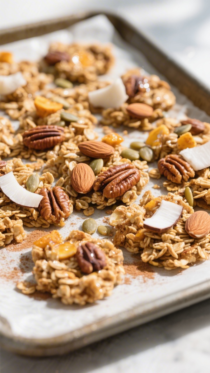 Close-up detail: Golden, freshly baked low carb granola cooling on a parchment-lined sheet pan, show