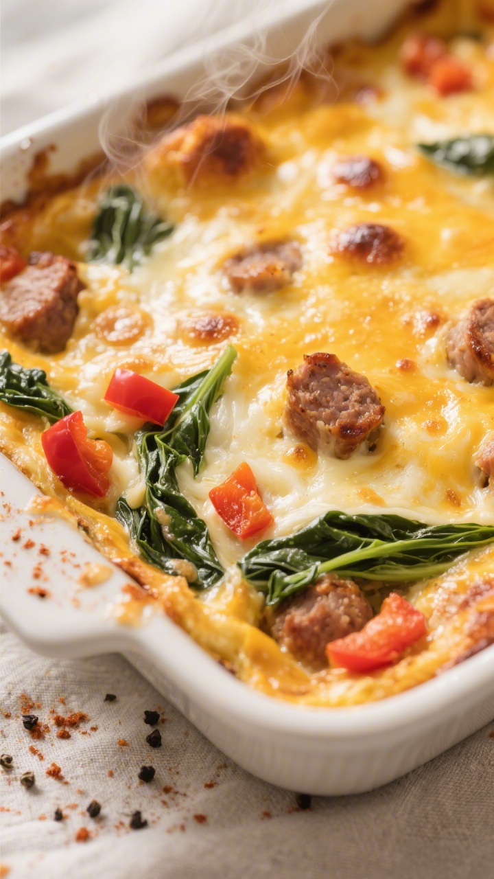 Low Carb Breakfast Casserole - A Satisfying, Make-Ahead Morning Favorite 2 Close-up detail: Golden, just-baked low carb breakfast casserole corner, showing bubbling melted che