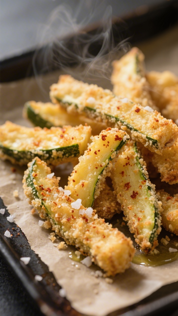 Close-up detail: Golden Parmesan-crusted zucchini fries just out of the air fryer, extreme close-up 