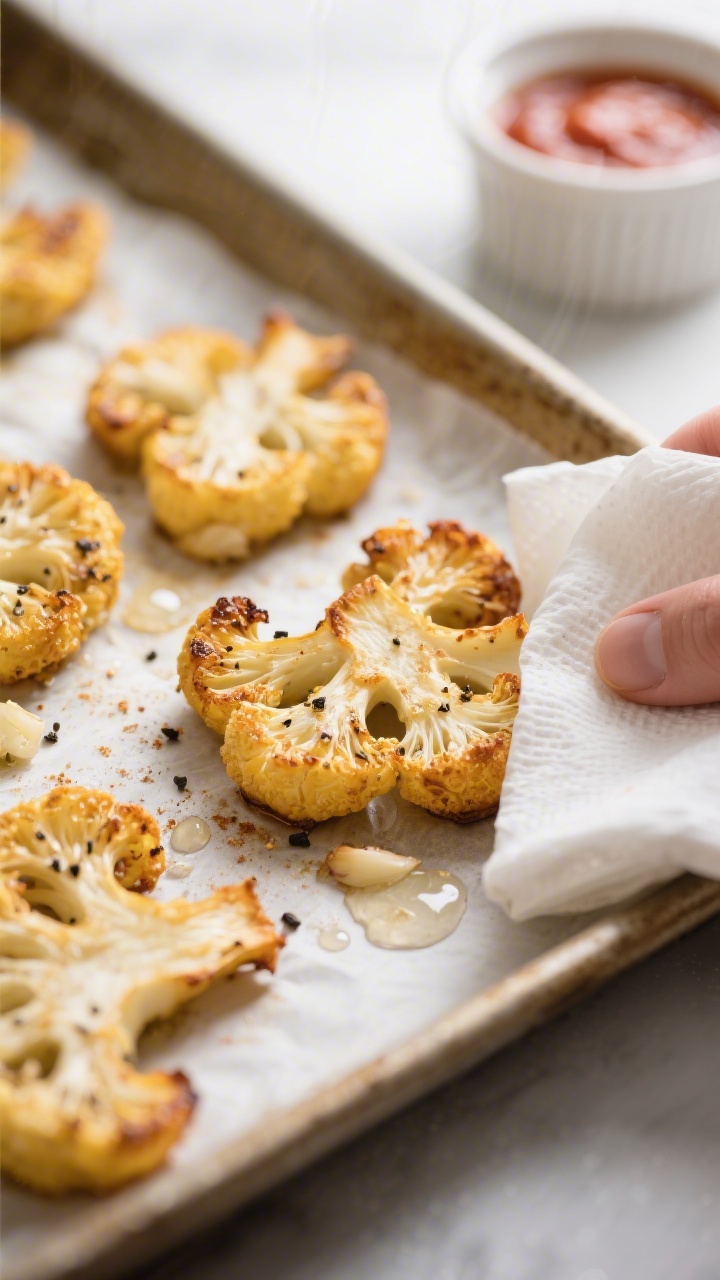 Close-up detail: Golden-roasted cauliflower rounds fresh from the oven on a parchment-lined sheet pa