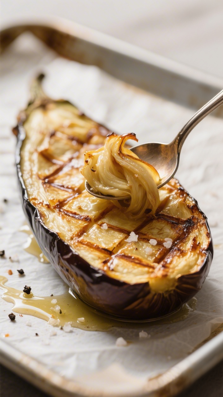 Stuffed Eggplant Healthy Recipe - Flavorful, Satisfying, and Easy 2 Close-up detail: Golden-roasted eggplant boat just out of the oven, flesh perfectly scoopable with v