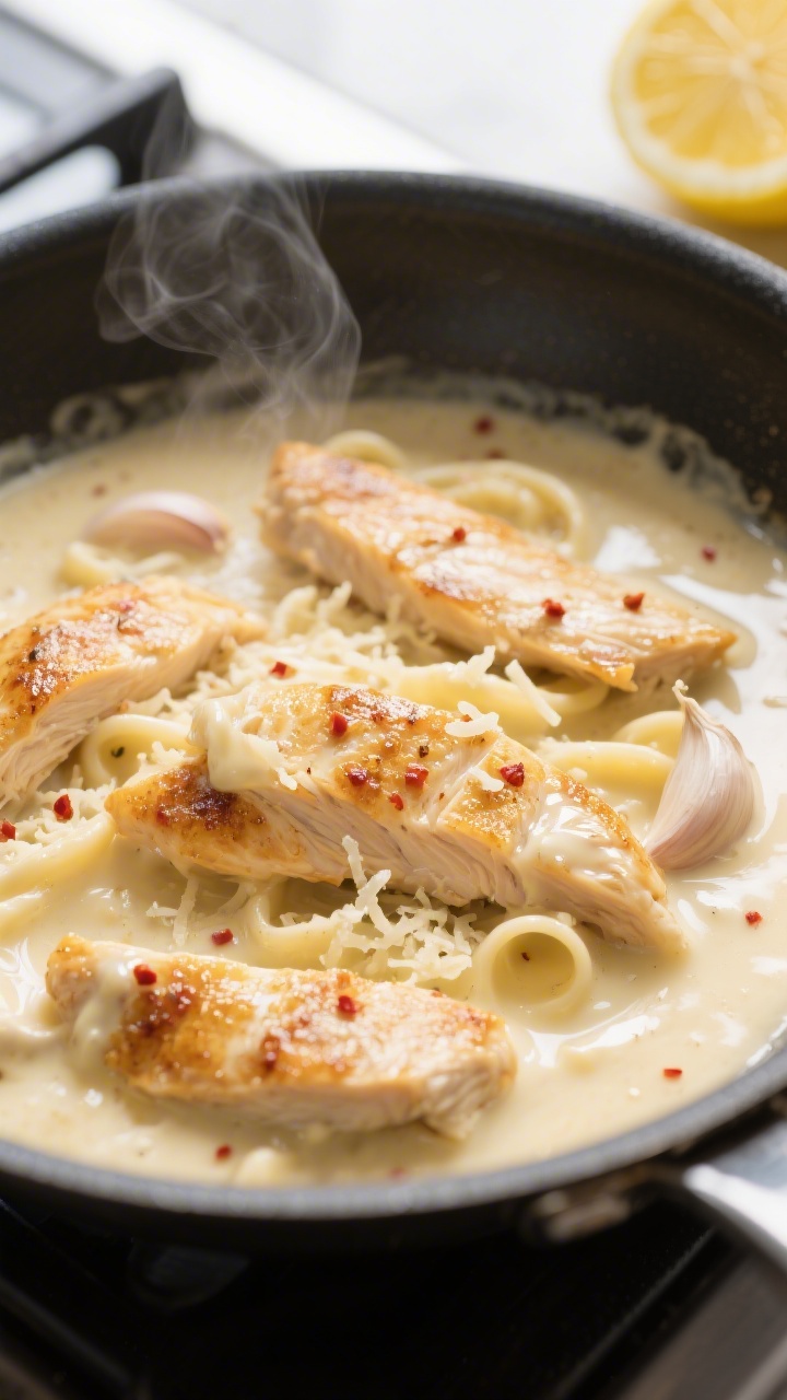 Close-up detail: Golden seared chicken strips nestled in a silky Alfredo sauce in a skillet, garlic 