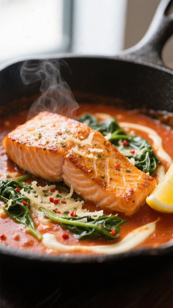 Creamy Tomato Salmon Keto - Rich, Comforting, and Low-Carb 2 Close-up detail: Golden-seared salmon fillet nestled in a simmering creamy tomato sauce in a skillet