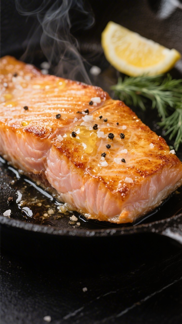 Close-up detail: Golden-seared sous vide salmon fillet just out of the skillet, skin-side down with 