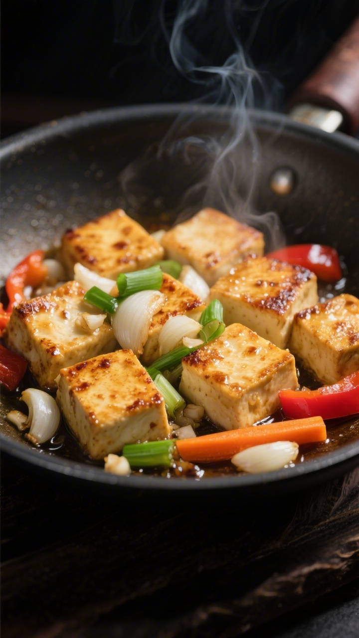 Close-up detail: Golden-seared tofu cubes sizzling in a wok with fragrant sautéed shallot, minced g