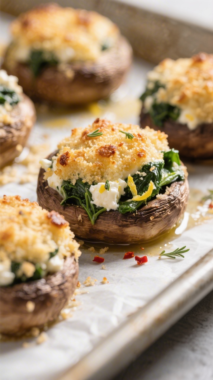 Close-up detail: Golden-topped spinach and feta stuffed mushrooms just out of the oven, showing cris