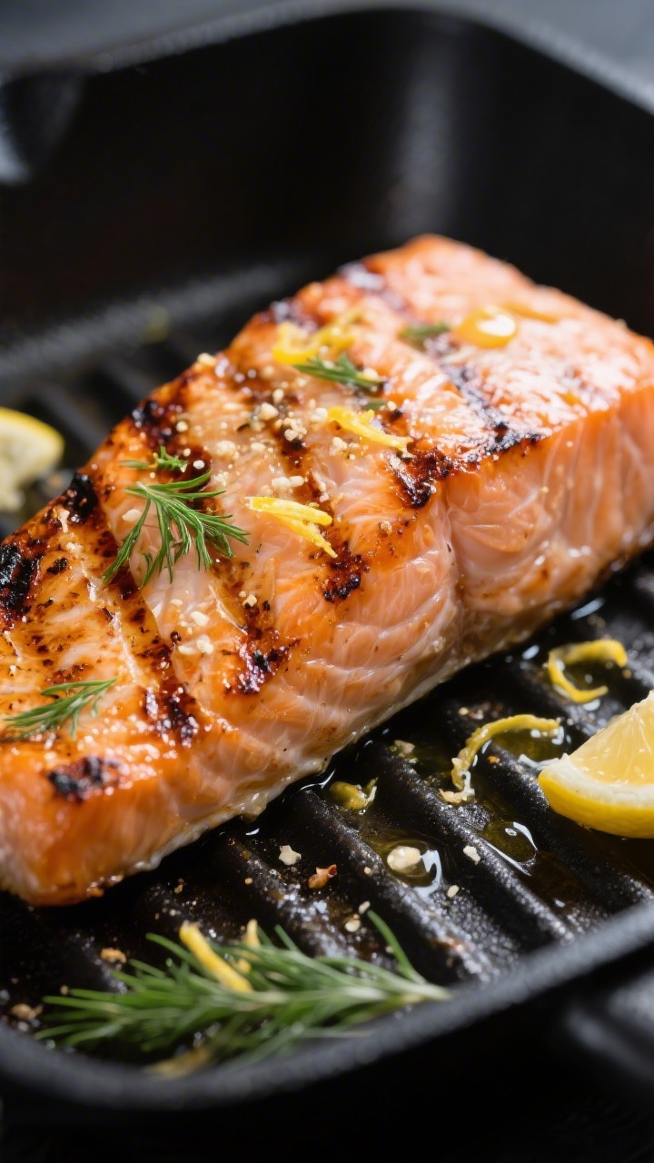Close-up detail: Grilled salmon fillet just off the grill pan, skin-side crisp with charred grill ma