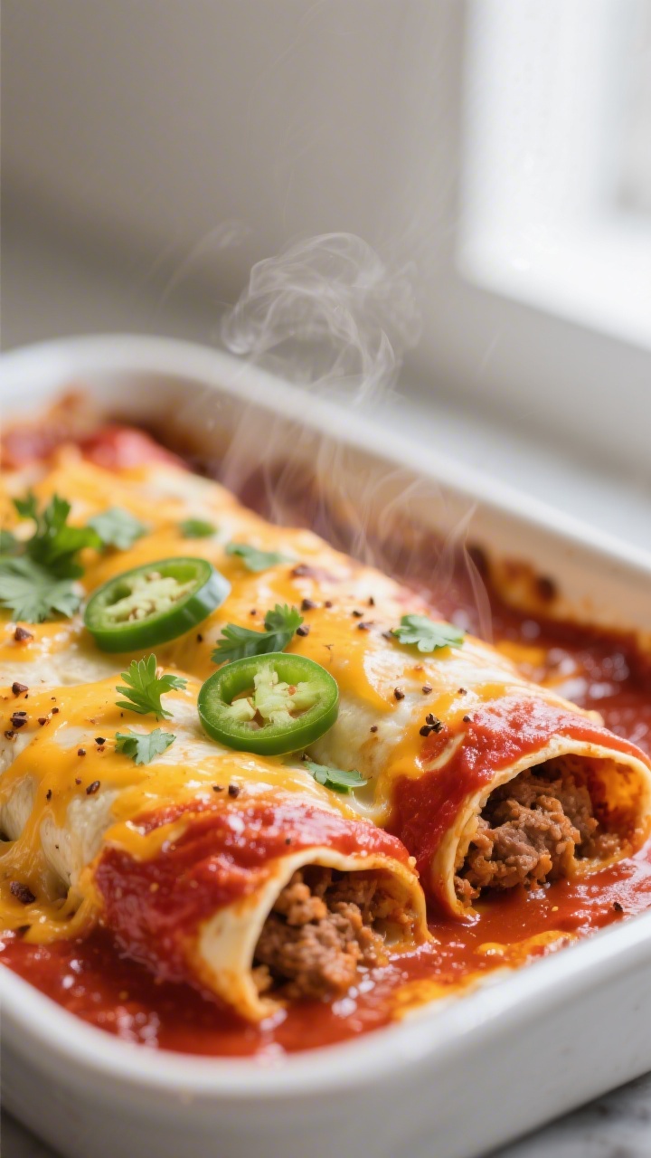 Close-up detail: Low carb enchiladas fresh from the oven, seam-side down rolls nestled in a 9x13 bak