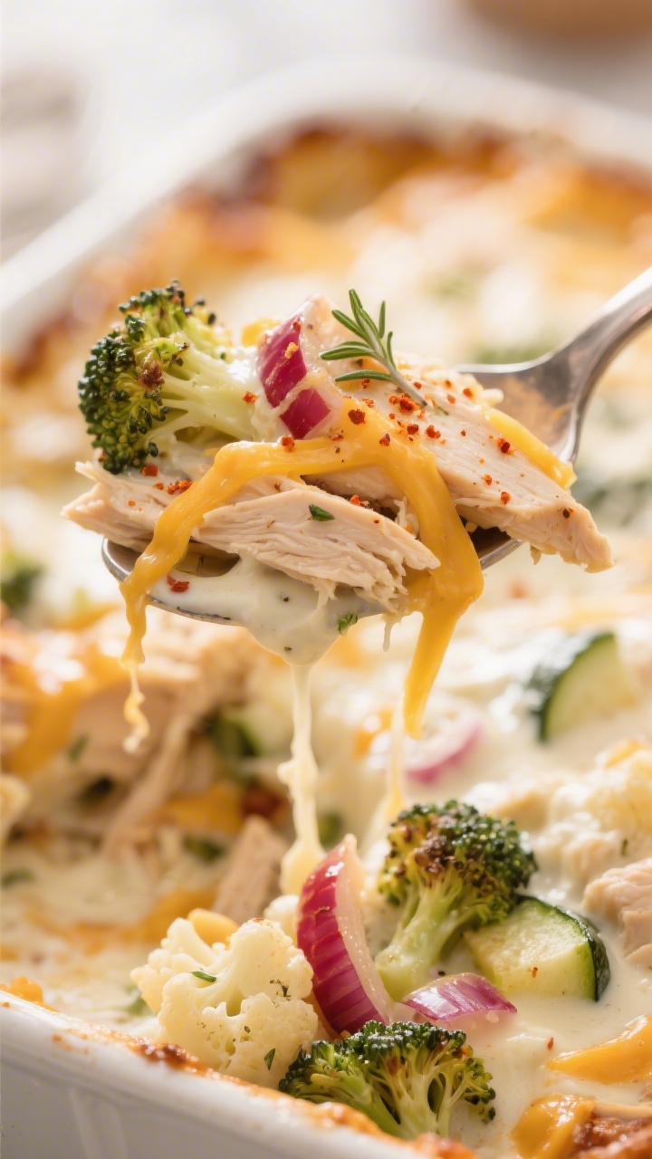 Close-up detail: Macro shot of a spoon lifting a creamy, cheesy portion of the casserole, showcasing