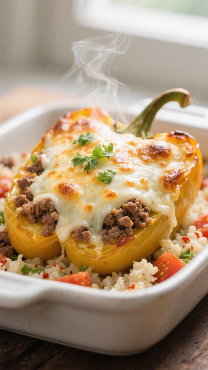 Close-up detail: Melty, cheese-topped low-carb stuffed bell pepper just out of the oven, golden-bubb