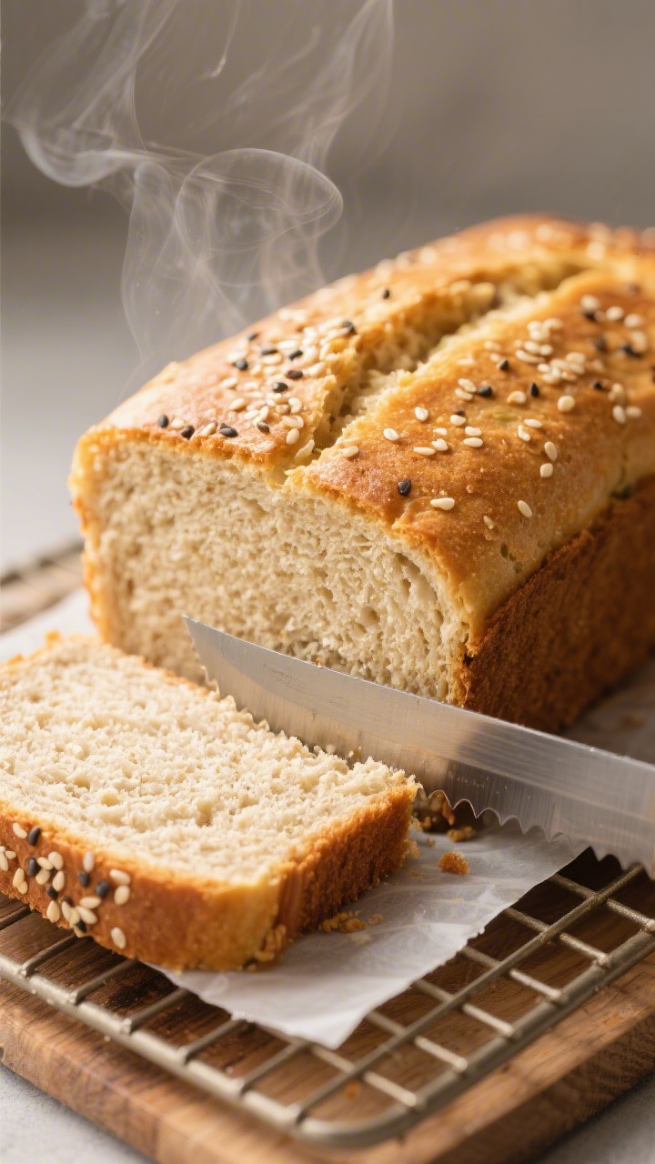 Close-up detail of a freshly baked low carb sandwich loaf just out of the pan, golden crust with a s