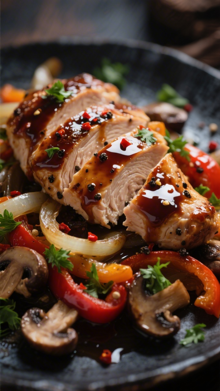 Close-up detail of the glaze: Ultra-close shot of sliced balsamic chicken nestled with tender sauté
