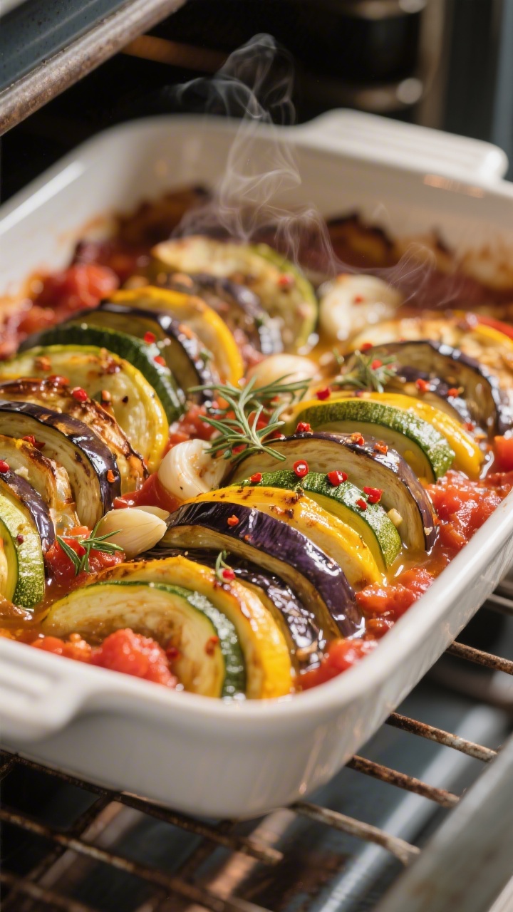 Easy Ratatouille Bake Recipe - A Comforting, Colorful Weeknight Dish 2 Close-up detail of the uncovered ratatouille bake finishing in the oven: shingled rounds of eggplant