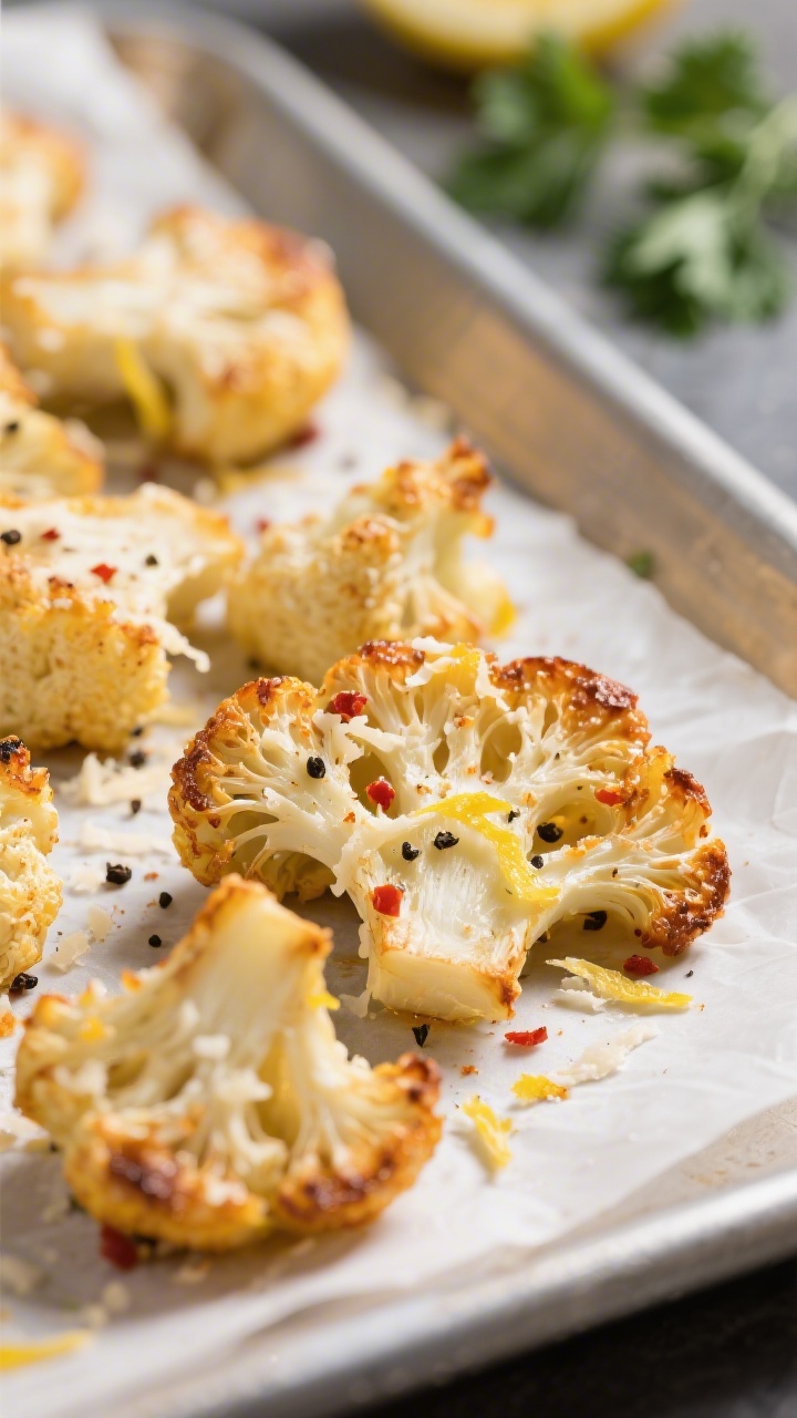 Close-up detail: Roasted garlic parmesan cauliflower bites just out of the oven, edges deeply golden
