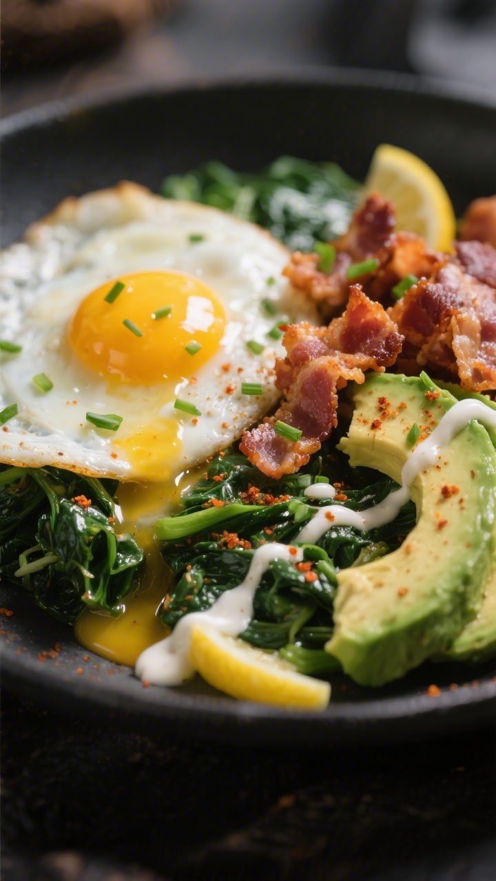 Close-up detail: Runny fried eggs nestled beside crumbled crisp bacon and creamy avocado slices, glo