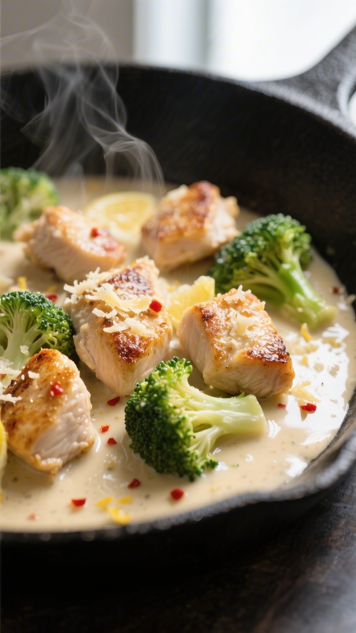 Close-up detail: Seared chicken bites nestled in silky garlic-Parmesan cream sauce with tender-crisp