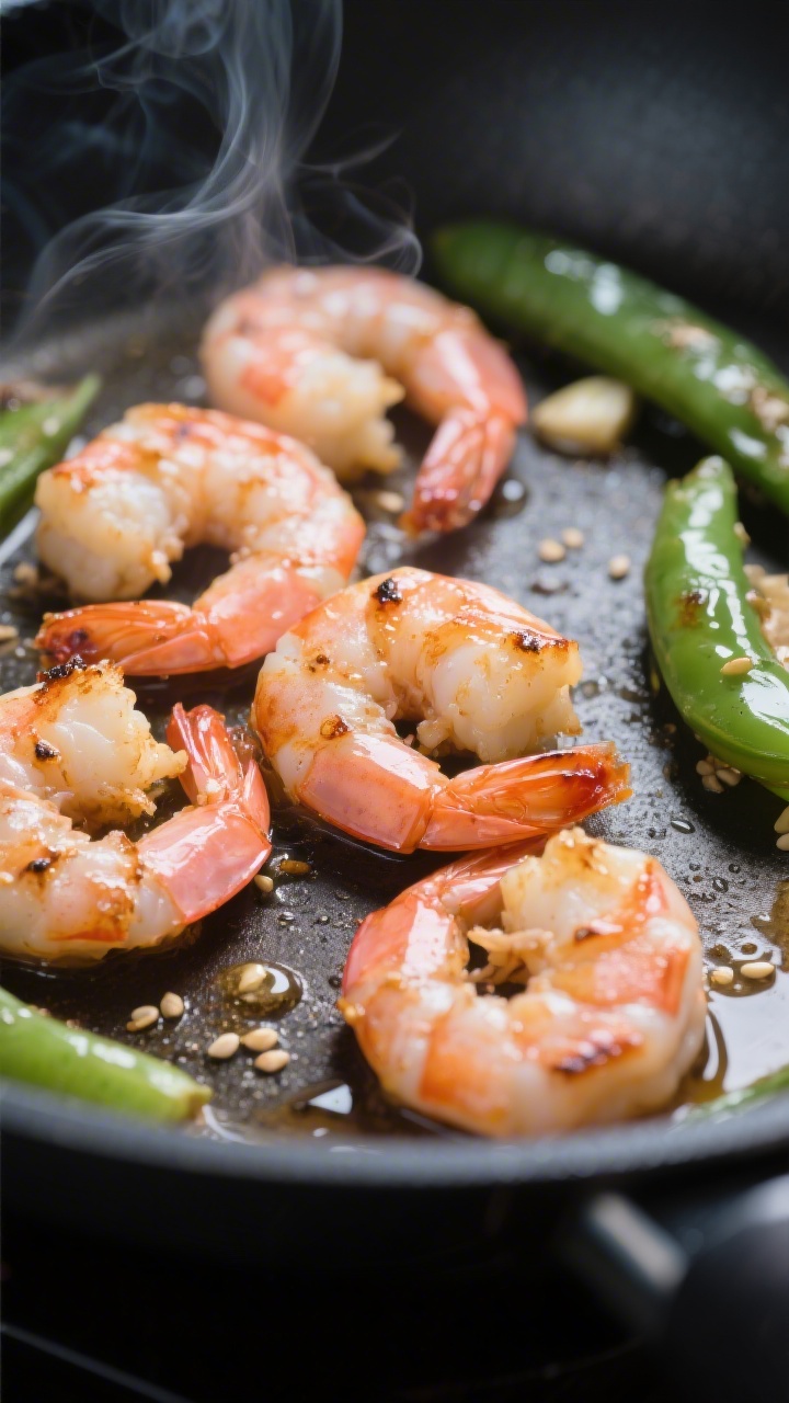 Close-up detail: Searing shrimp in a skillet just after the flip, glistening with garlicky-ginger pa