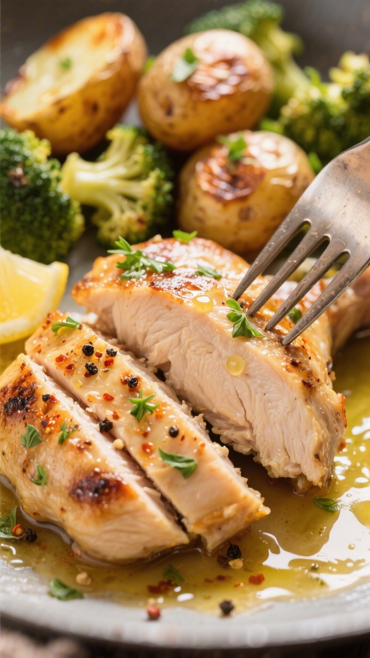 Close-up detail, shallow depth: Ultra-close shot of a sliced chicken thigh piece showing juicy inter
