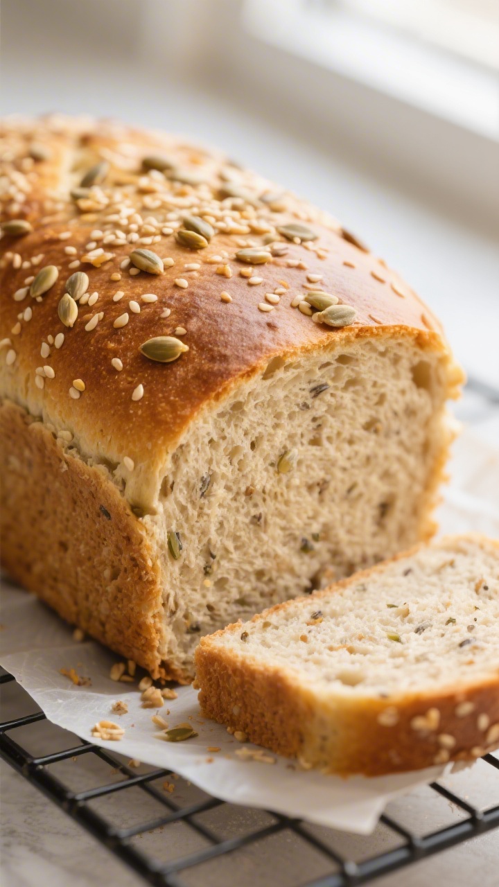 Close-up detail shot: A freshly baked low-carb bread loaf just out of the pan, golden-brown dome wit