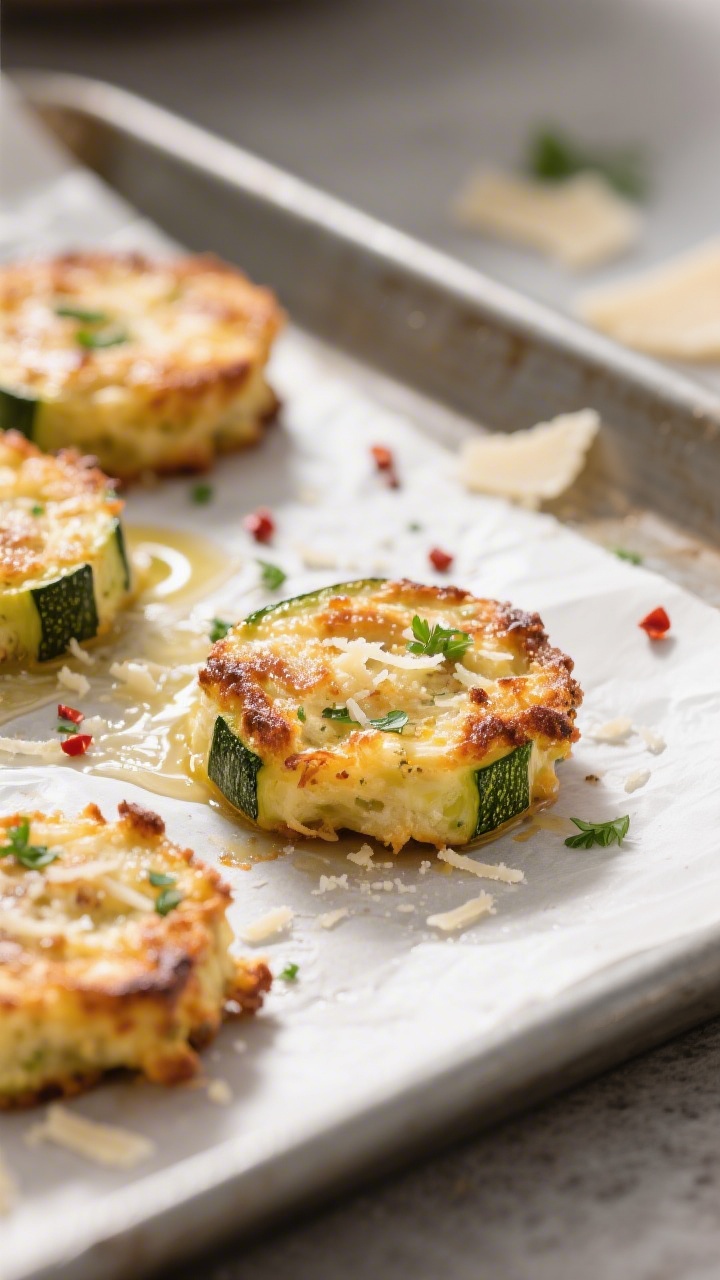 Close-up detail shot of freshly baked zucchini bites right after flipping and finishing under the br
