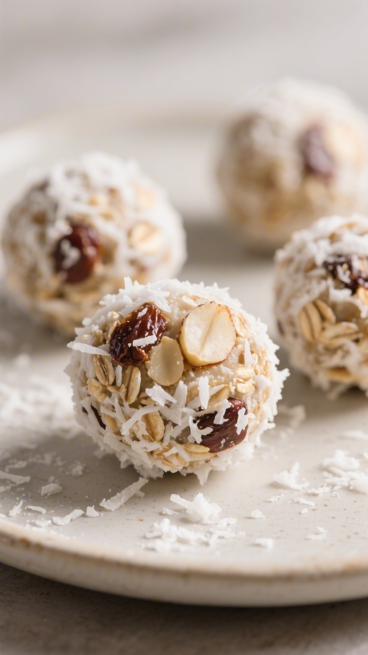 Close-up detail shot of freshly rolled coconut‑macadamia energy balls coated in fine shredded coco