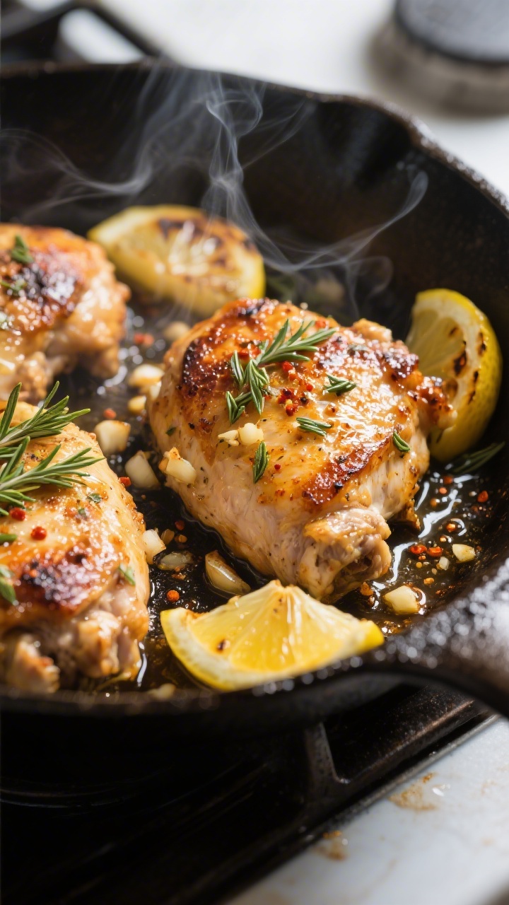 Close-up detail shot of sizzling Greek lemon herb chicken thighs in a cast-iron skillet, golden-brow