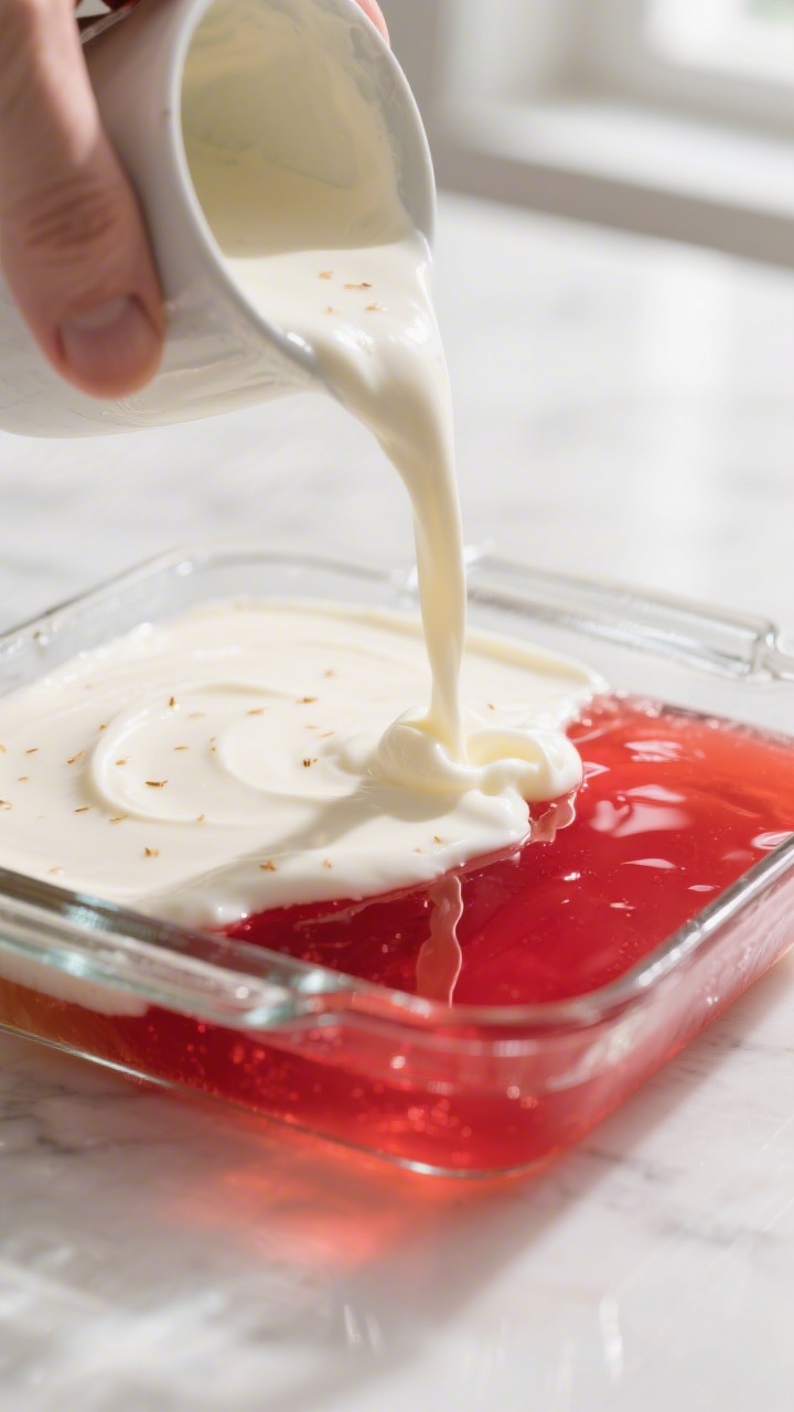 Close-up detail shot of the creamy jello layer being poured over a softly set clear, ruby-red sugar-