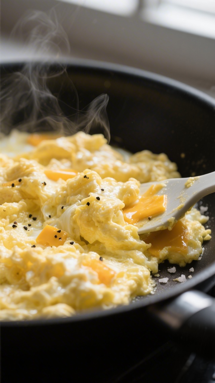 Close-up detail shot: Silky, fluffy scrambled eggs just off the heat in a nonstick skillet, soft glo