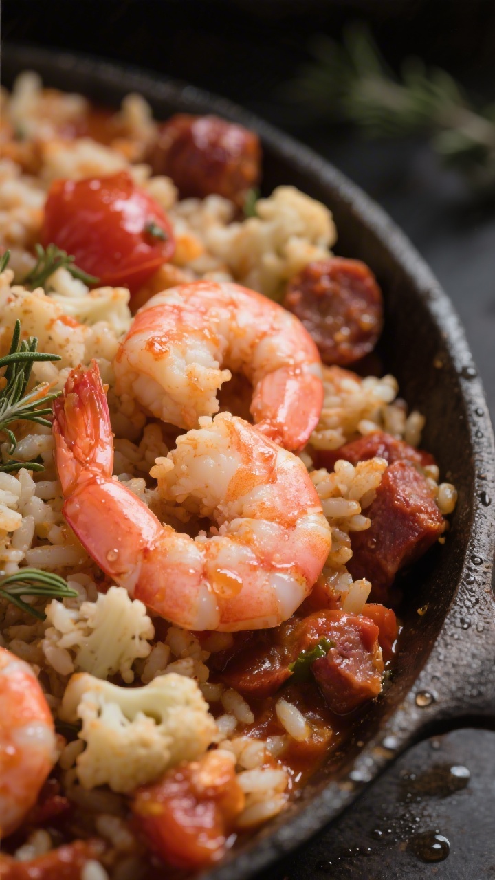 Close-up detail — Shrimp finish and cauliflower rice texture: Macro shot of plump pink shrimp just